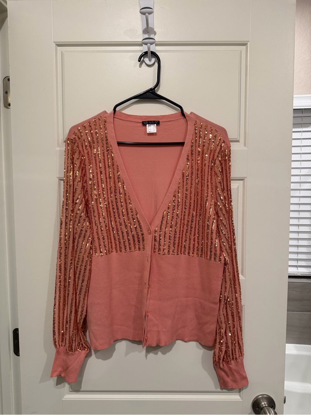 Venus Womens 1X Rose Pink Sequin Stripe V Neck Button Front Cardigan